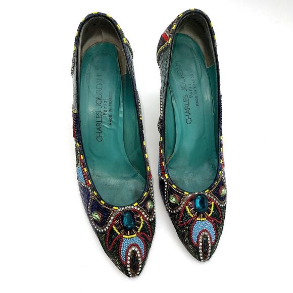 Bradley Levin Beaded Heels Womens 8 Charles Jourdan 80s 90s Vintage Rare Unique - Picture 4 of 15